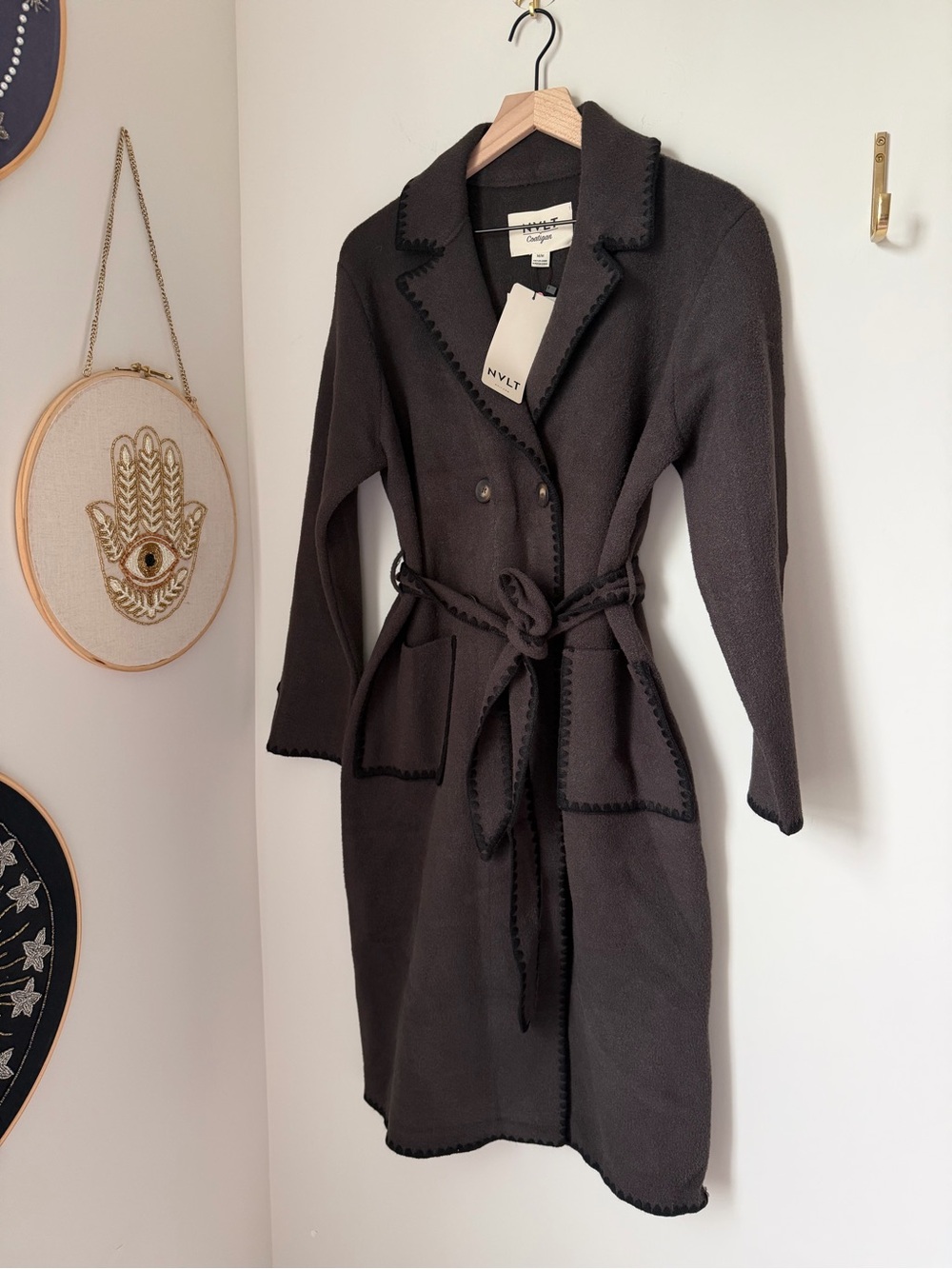 NVLT Dark Brown black stitched trim trench coatigan coat with Belt